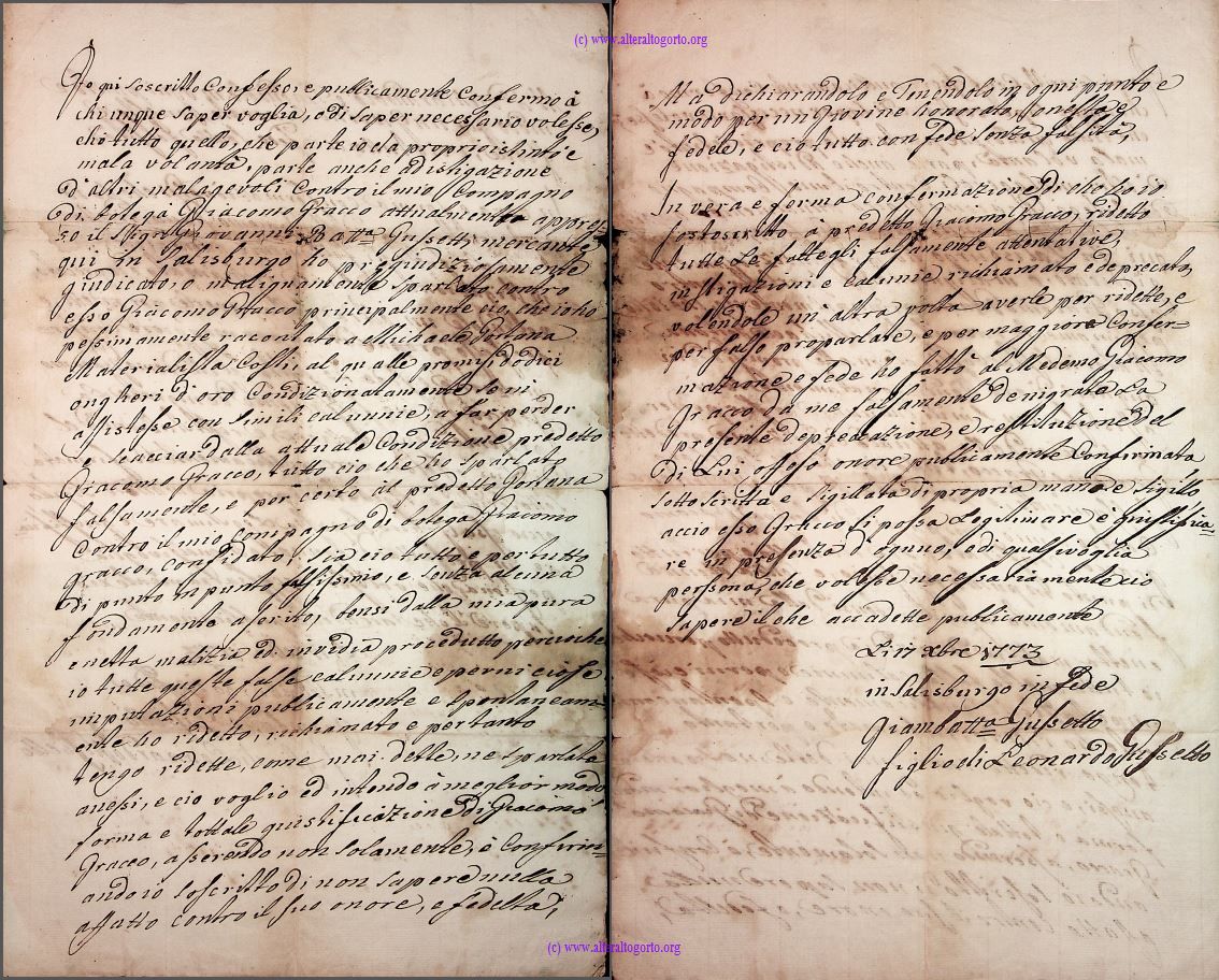 Restituzione dell’onore offeso a Gio Gia.mo Gracco di Gracco, 
da Gionbatta Gussetto, Salisburgo li 17 xbre 1773