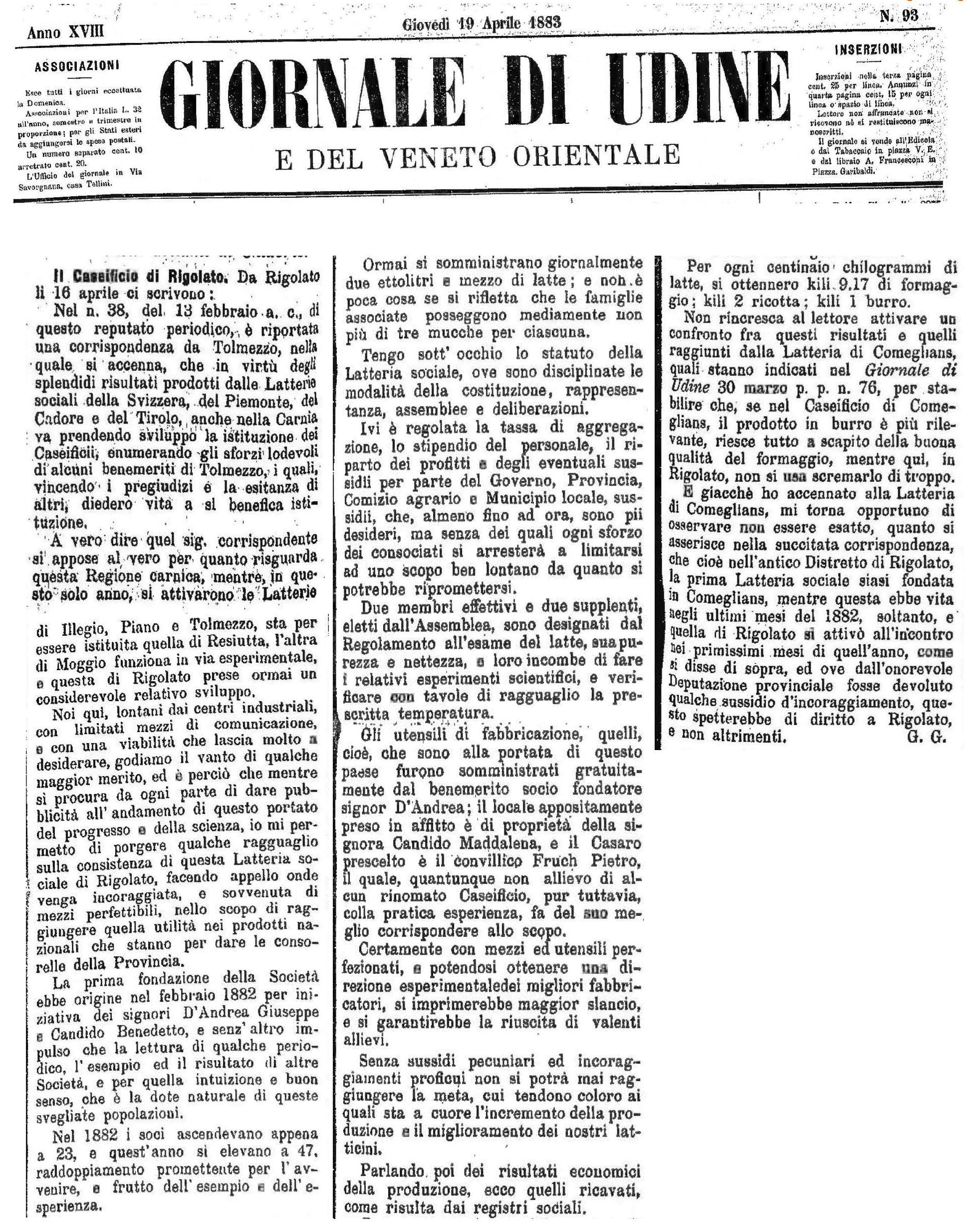 Il Caseificio di Rigolato (dal Giornale di Udine del 19 aprile 1883)