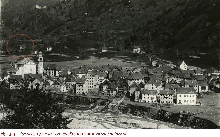 Pesariis 1920: nel cerchio l'officina nuova sul rio Possal