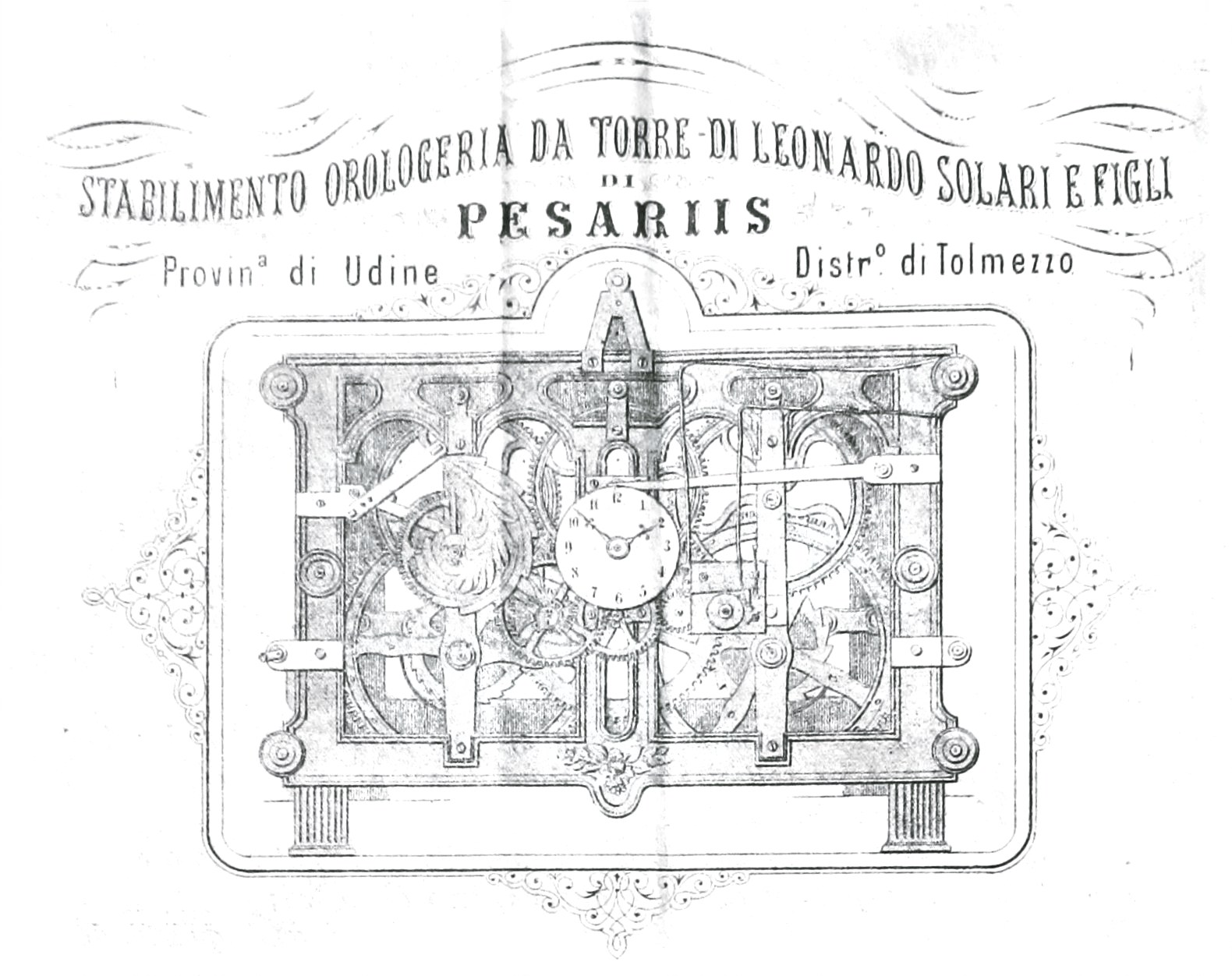 Frontespizio dépliant dello Stabilimento orologeria da torre di Leonardo Solari e Figli di Pesariis (1880)