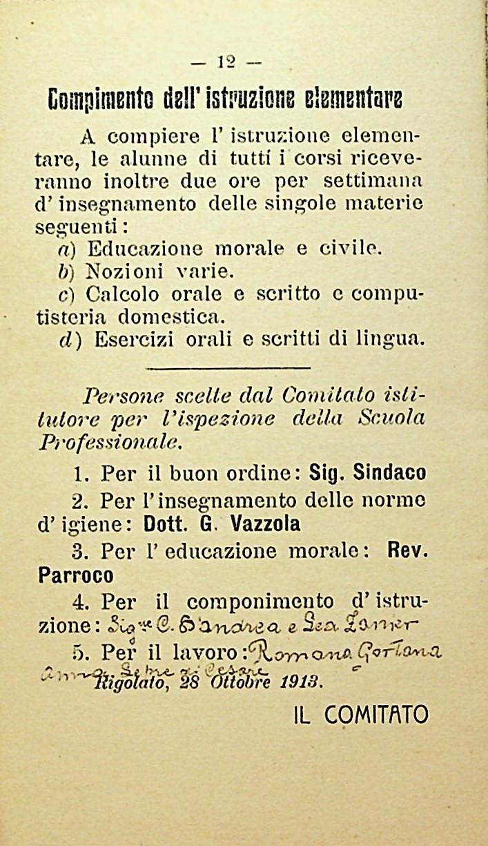 Statuto della Scuola professionale femminile di Rigolato (1913)
