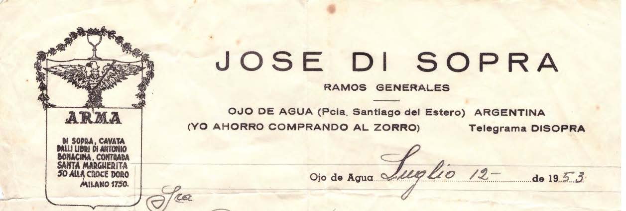Carta intestata di Josè Di Sopra - Ramos Generales - Ojo de Agua - Pcia. de Santiago del Estero